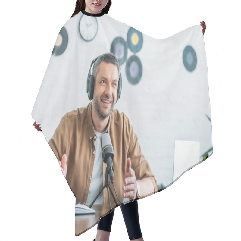 Personality  Cheerful Radio Host Gesturing While Speaking In Microphone In Broadcasting Studio Hair Cutting Cape