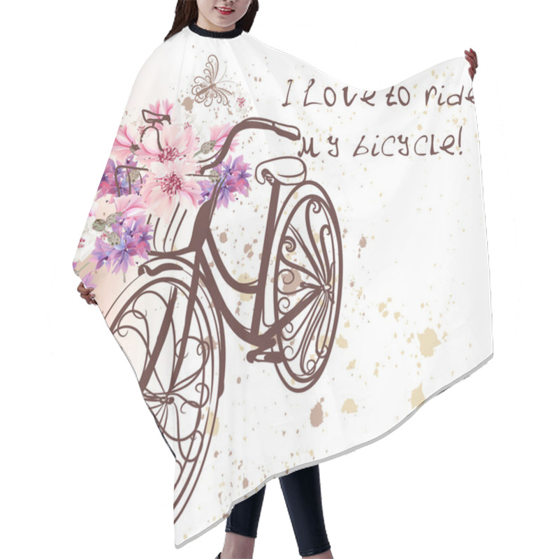 Personality  Cute Vector Invitation With Fake Bicycle And Flowers Hair Cutting Cape