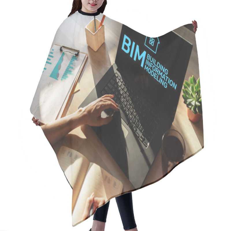 Personality  BIM - Building Information Modeling Concept On Screen. Hair Cutting Cape