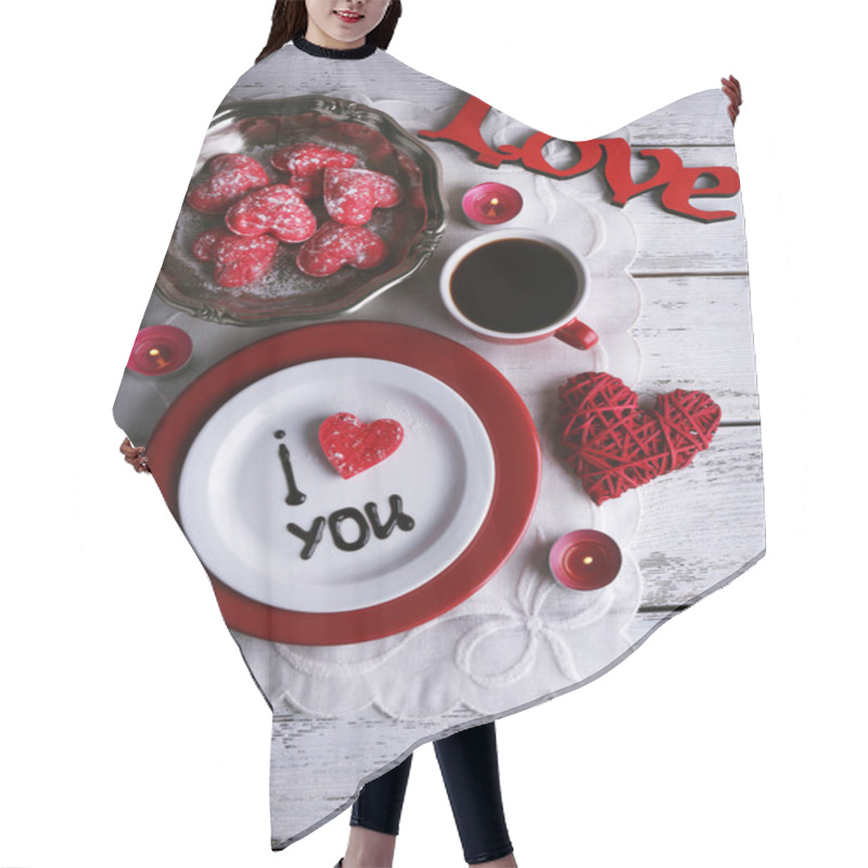 Personality  Cookie In Form Of Heart On Plate With Inscription I Love You On Color Wooden Table Background Hair Cutting Cape