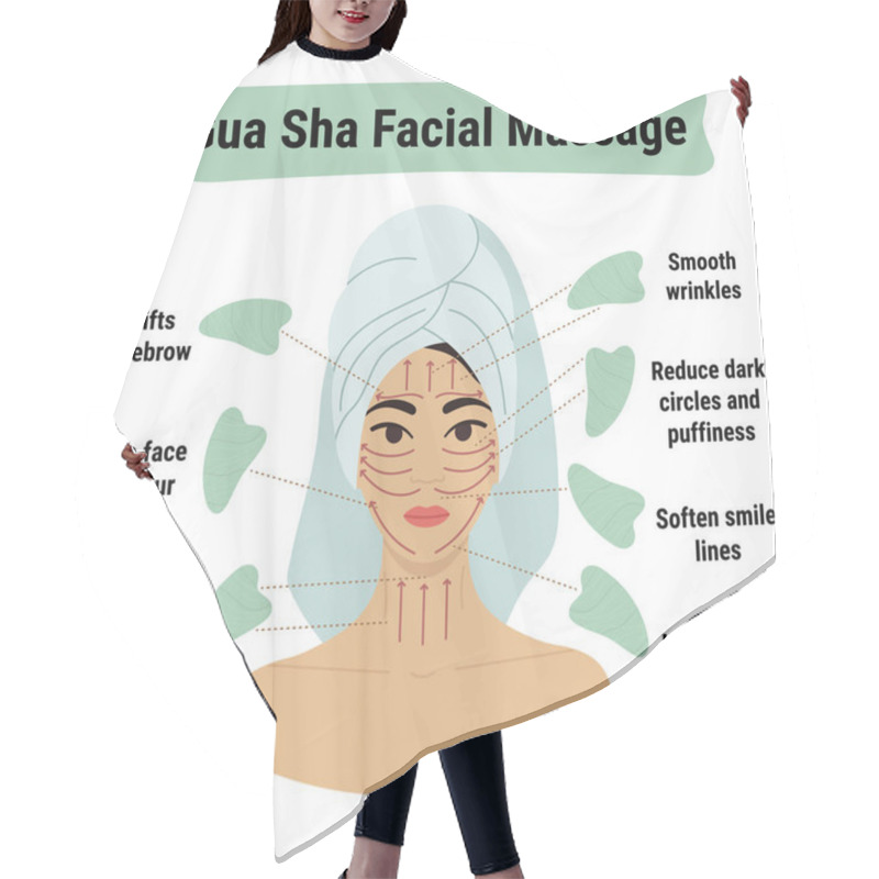 Personality  How To Do Gua Sha Massage Infographic. Facial Massage Direction Scheme. Portrait Of Young Asian Woman In Towel On Head With Green Aventurine Gua Sha Scraper. Hand Drawn Vector Illustration.  Hair Cutting Cape