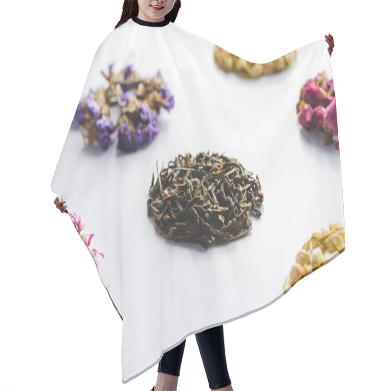 Personality  Pattern Of Dried Herbal Organic Tea On White Surface Hair Cutting Cape