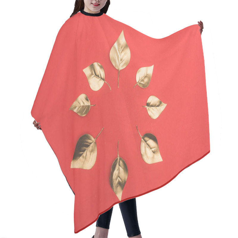 Personality  Top View Of Arranged In Circle Golden Leaves Isolated On Red Hair Cutting Cape