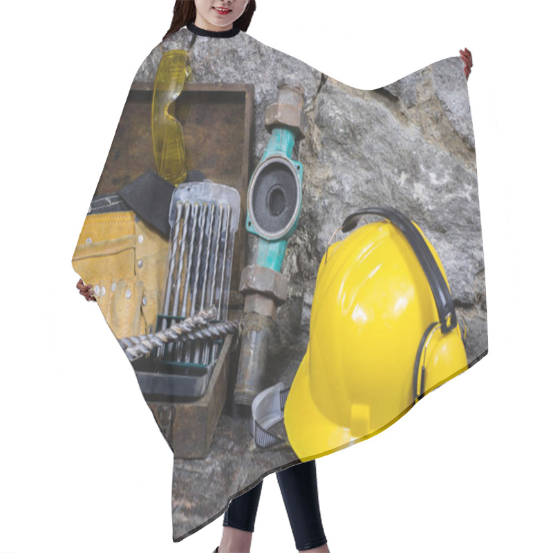 Personality  Construction Tools For Building A House On A Stone Wall. Hammer, Hair Cutting Cape