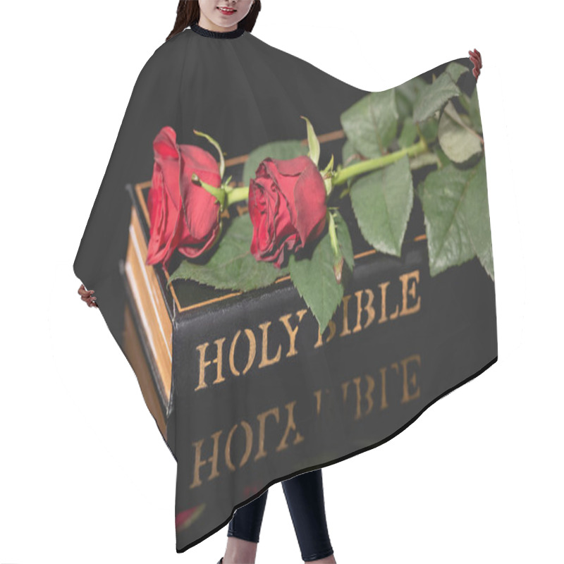 Personality  Red Roses On Holy Bible On Black Background, Funeral Concept Hair Cutting Cape