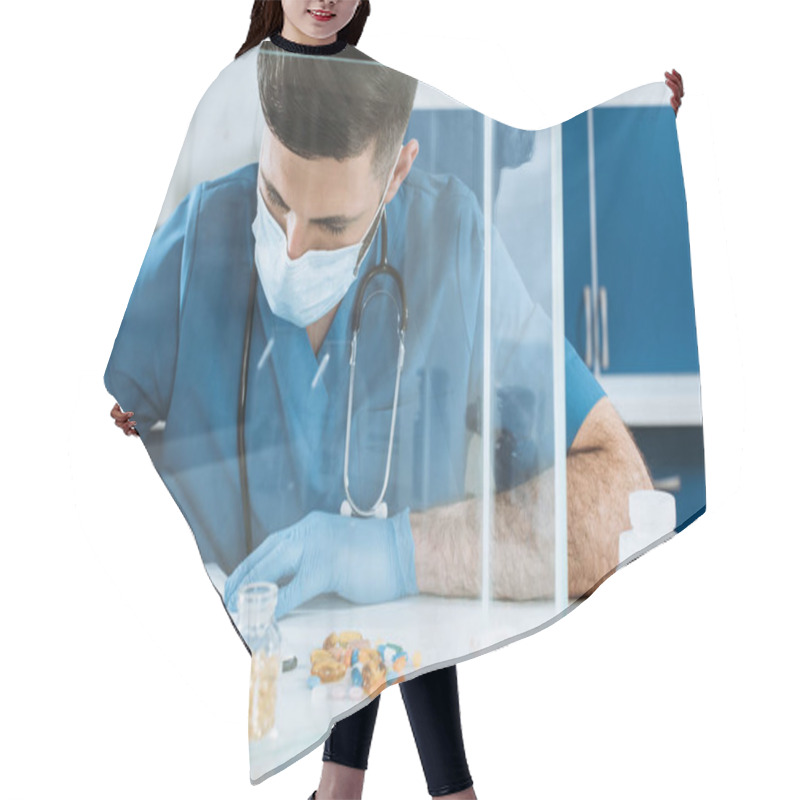 Personality  Young Veterinarian In Medical Mask And Lates Gloves Writing Near Containers With Medicines And White Mouse In Glass Box Hair Cutting Cape