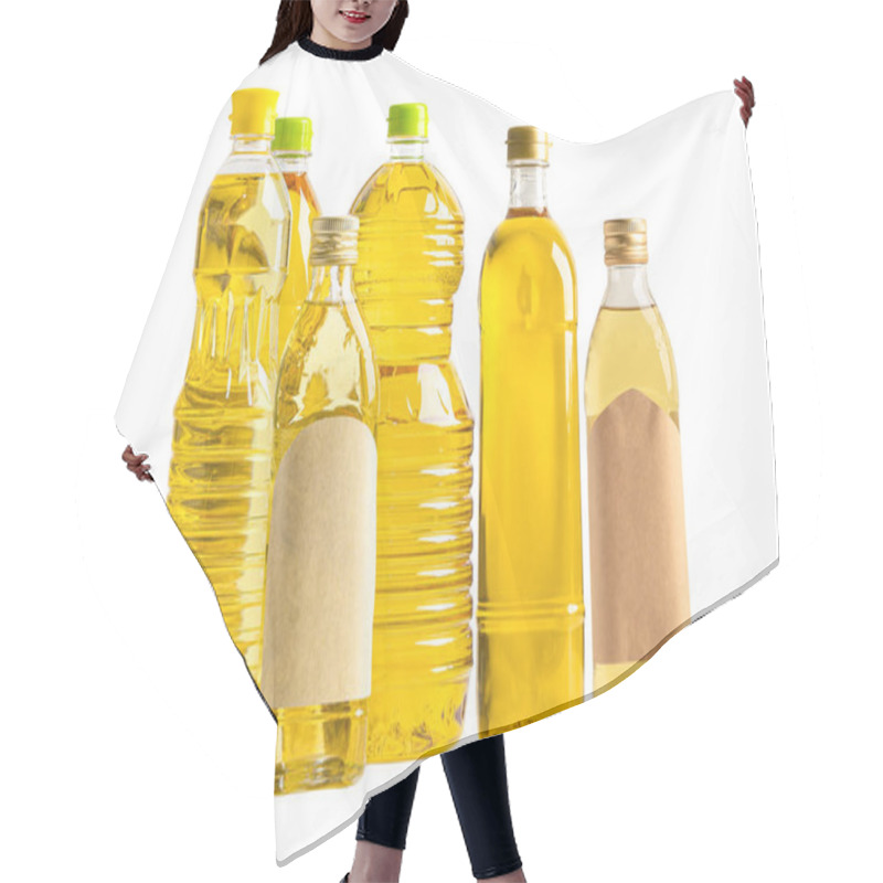 Personality  Vegetable Oil With Olive Oil In Different Bottle For Cooking Isolated On White Background With Clipping Path. Hair Cutting Cape