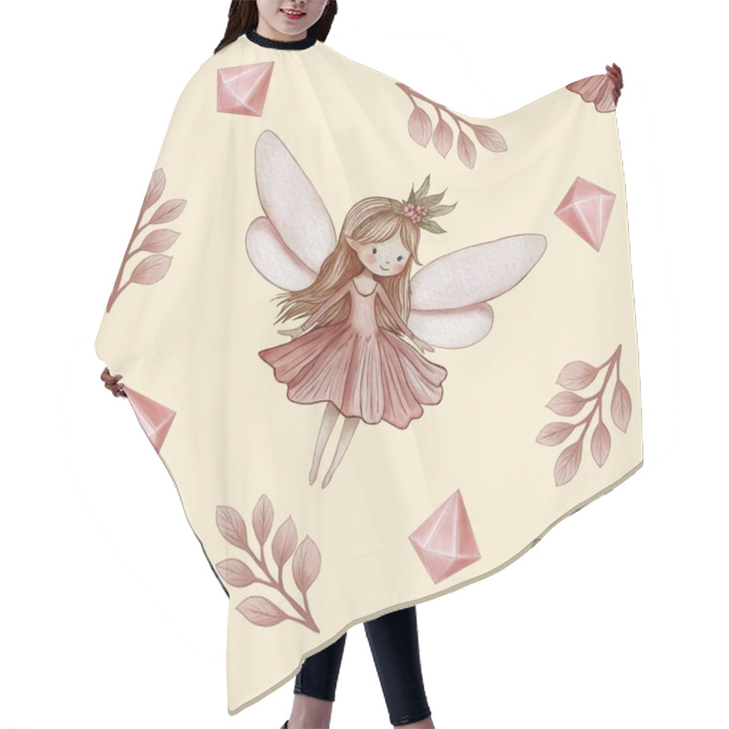 Personality  Seamless Pattern Cute Fairy And Crystal With Leaves Big Design On Pastel Yellow Background Hair Cutting Cape