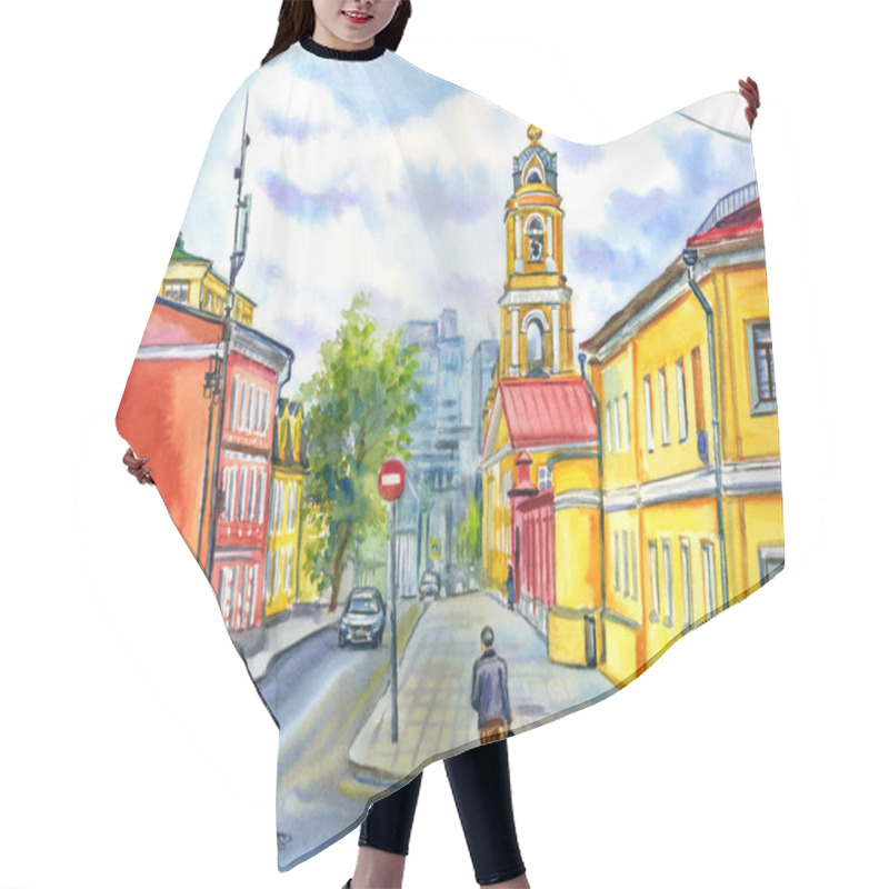 Personality  City Landscape With A Monastery, Houses And Cars. Landscape Of Moscow Street. Watercolor Illustration, Print For Poster, Cover, Book Illustration And Other Designs.. Hair Cutting Cape