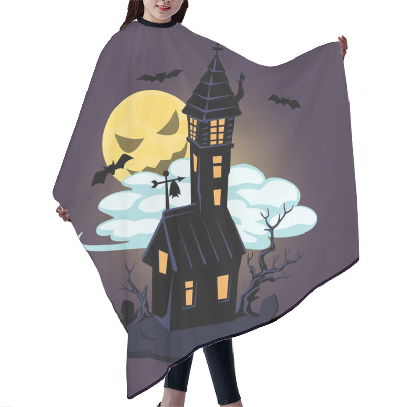 Personality  Halloween Old House And Moon. Vector Design For Prints, Tshirts, Party Posters And Banners. Hair Cutting Cape