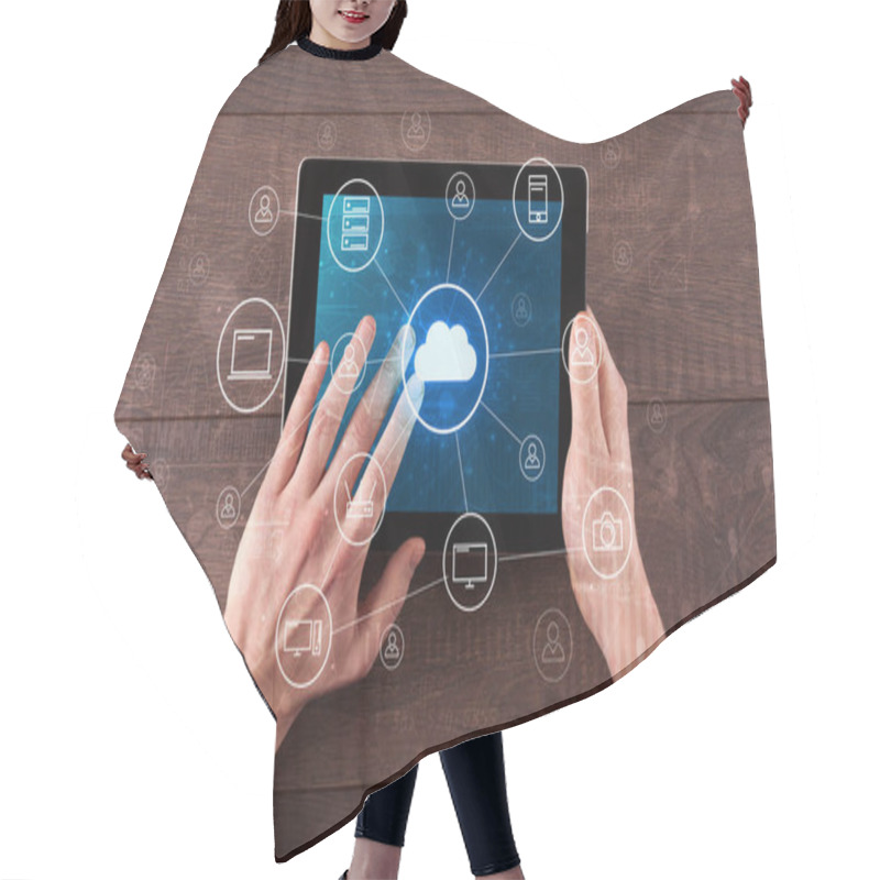 Personality  Hand Using Tablet With Centralized Cloud Computing System Concept Hair Cutting Cape