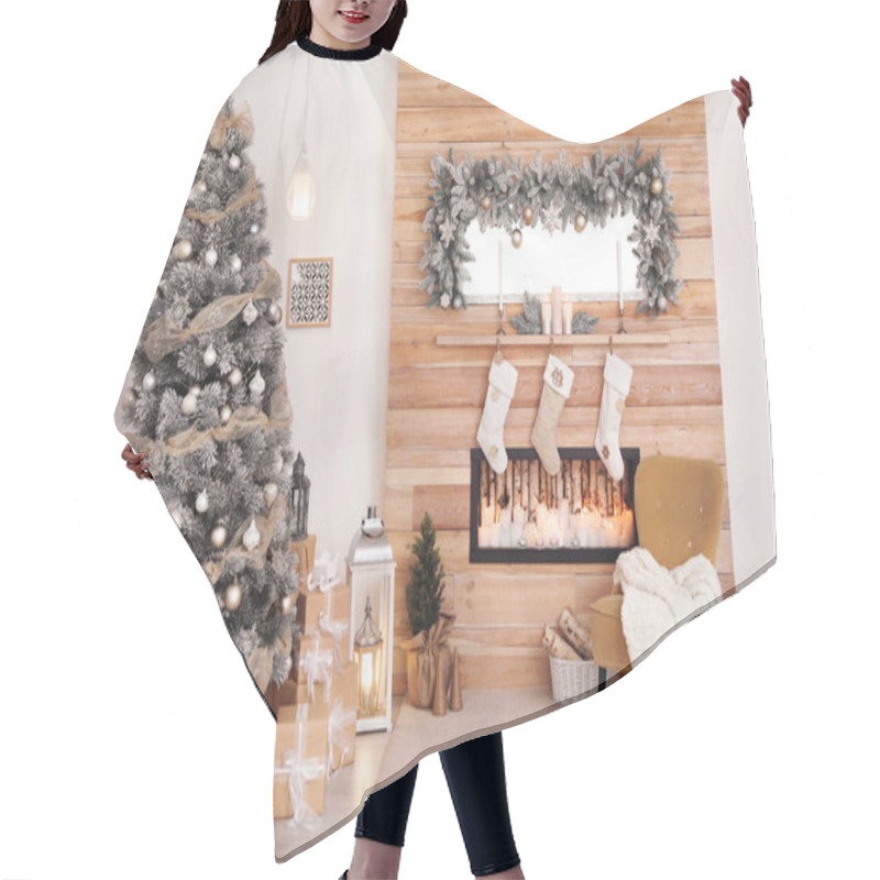 Personality  Festive Interior With Decorated Christmas Tree And Fireplace Hair Cutting Cape