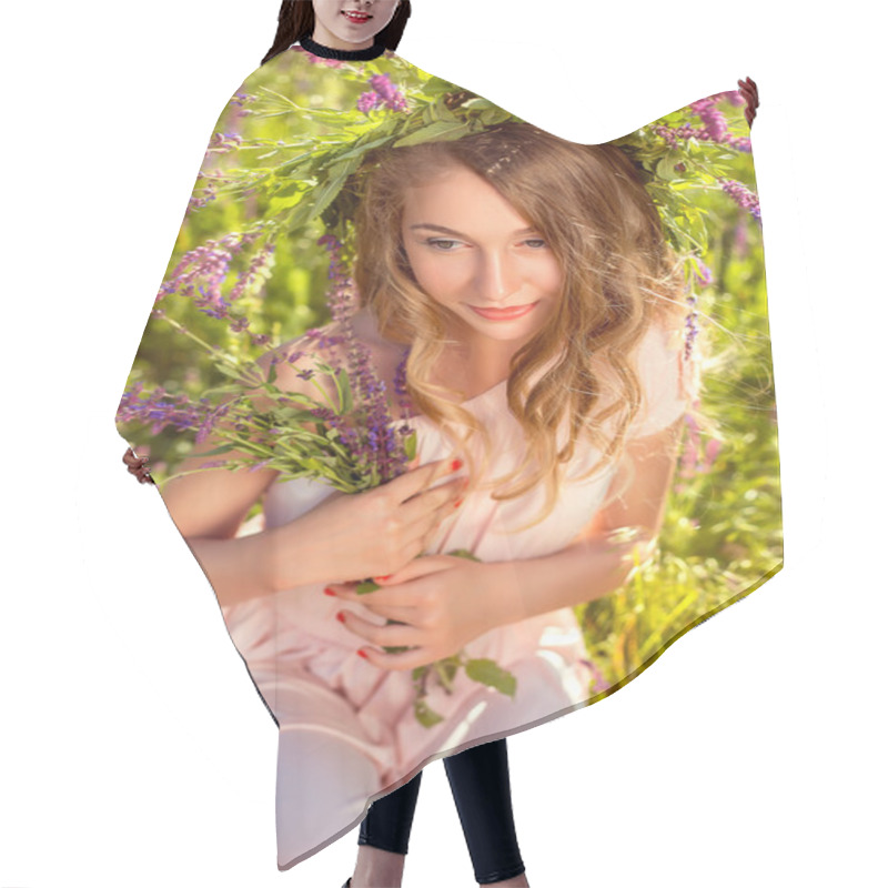 Personality  Portrait Of A Dreamy Lady In A Luxurious Wreath Of Wildflowers Hair Cutting Cape