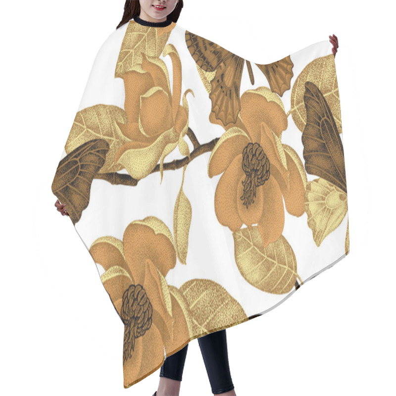 Personality  Illustration Of Magnolia Flowers And Butterflies. Hair Cutting Cape