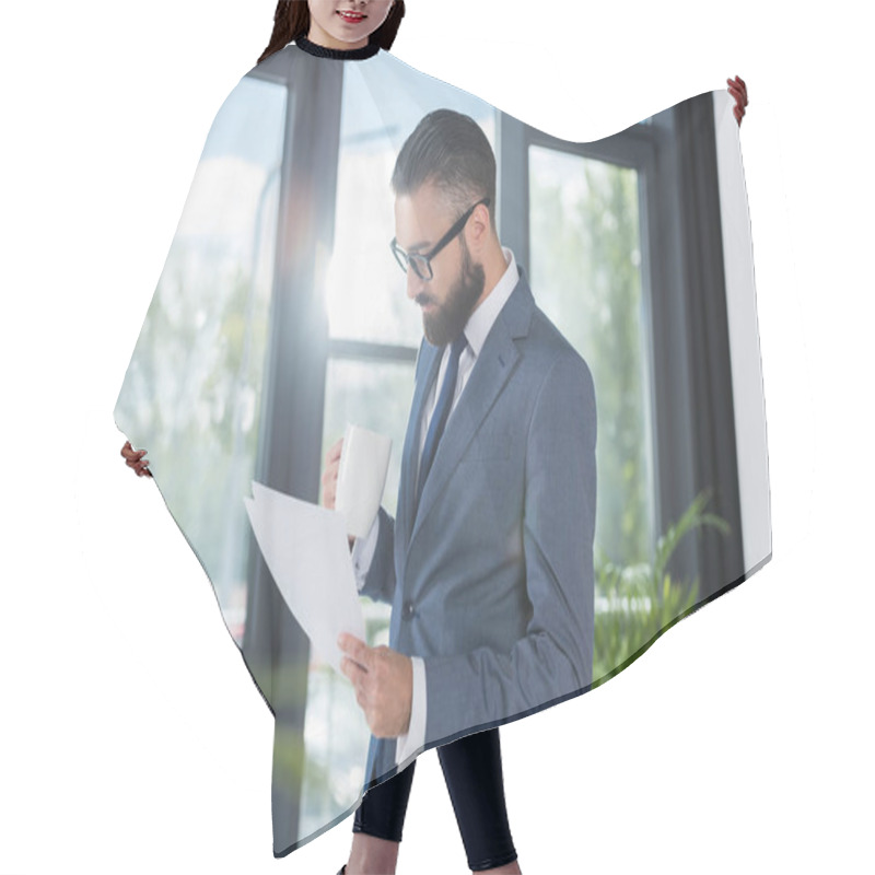 Personality  Businessman With Coffee Cup And Papers Hair Cutting Cape