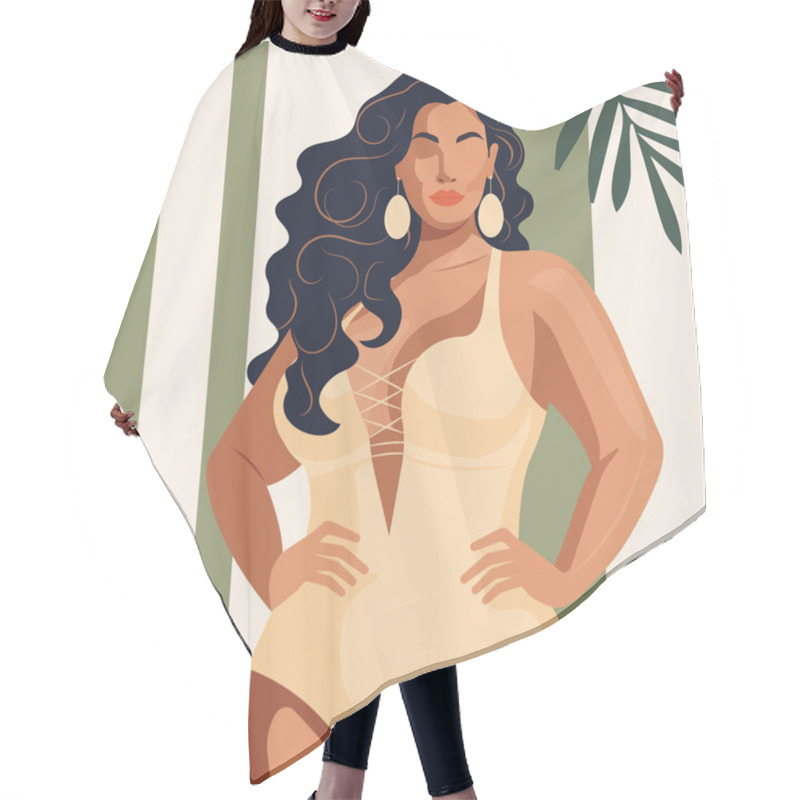 Personality  A Fat Woman With A Beautiful Figure In A Stylish Beige Swimsuit. Flat Vector, Fashion Illustration. Hand Drawing. Hair Cutting Cape