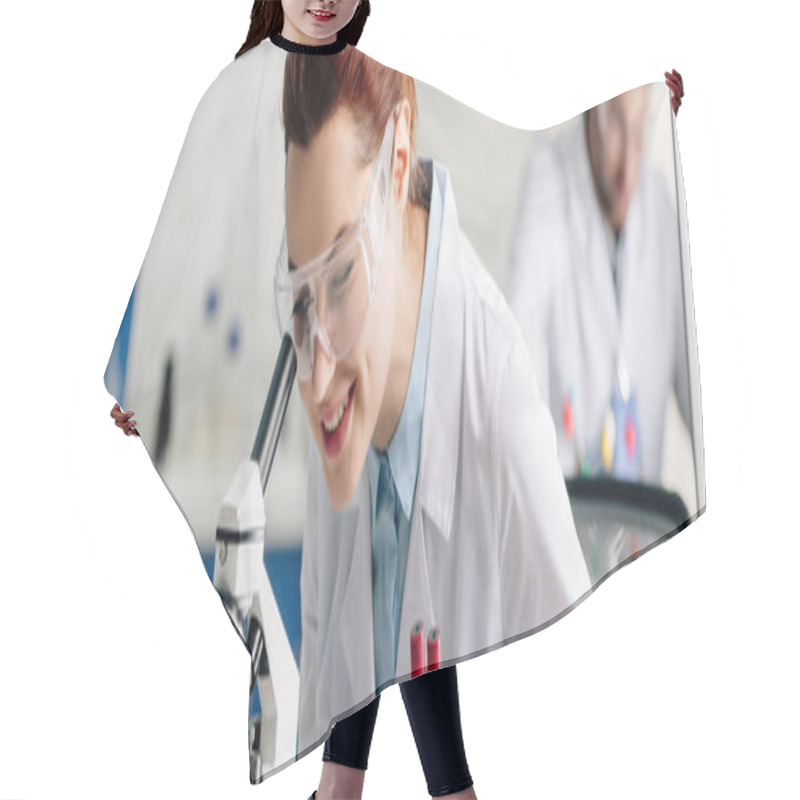 Personality  Panoramic Shot Of Genetic Consultant Doing Dna Test In Lab  Hair Cutting Cape