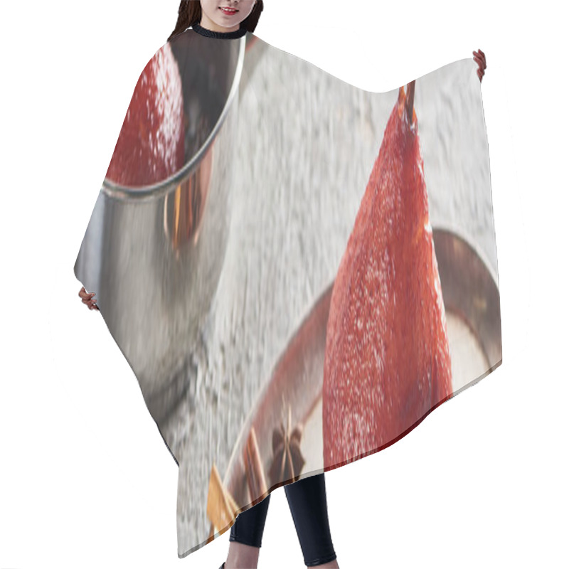 Personality  Delicious Pear In Wine In Stewpan And On Silver Plate With Cinnamon And Anise On Grey Concrete Surface, Panoramic Shot Hair Cutting Cape