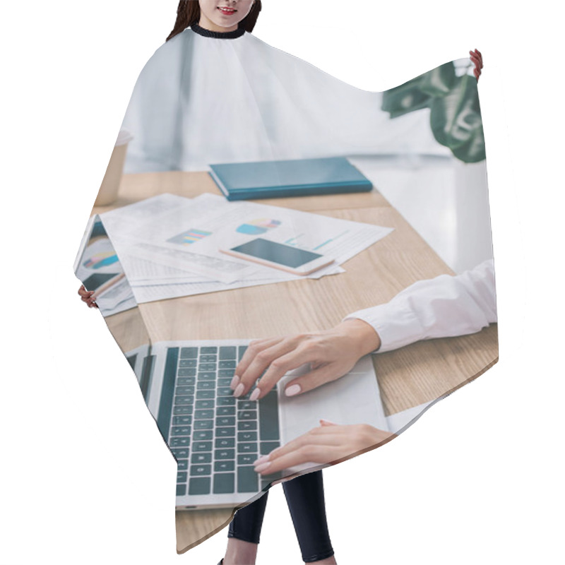 Personality  Partial View Of Businesswoman Working On Laptop With Blank Screen At Workplace In Office Hair Cutting Cape