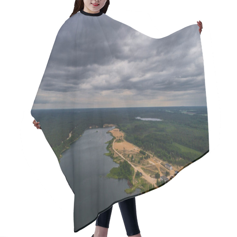 Personality  Aerial View. Quarry And Lake. Nature Landscape After Mining. Sunset. Green Forest.  Hair Cutting Cape