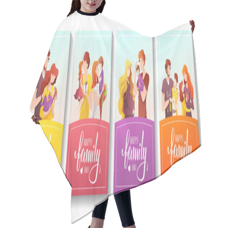 Personality  Vector Set Of Modern Cards Design For A Family Day With The Illustration  Of Men And Women And Their Children Hair Cutting Cape