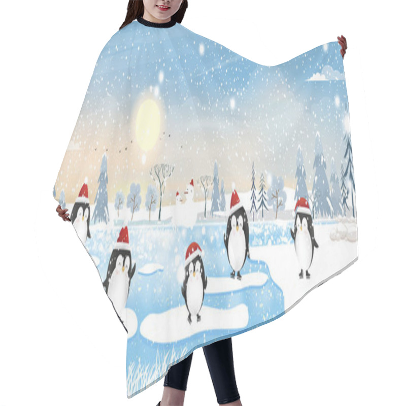 Personality  Winter Wonderland Landscape At Arctic Ocean With Penquin Bear Family Playing Ice Skating And Standing On Ice Edge With Snowing. Cute Animals Banner For New Year And Merry Christmas Greeting Card Hair Cutting Cape