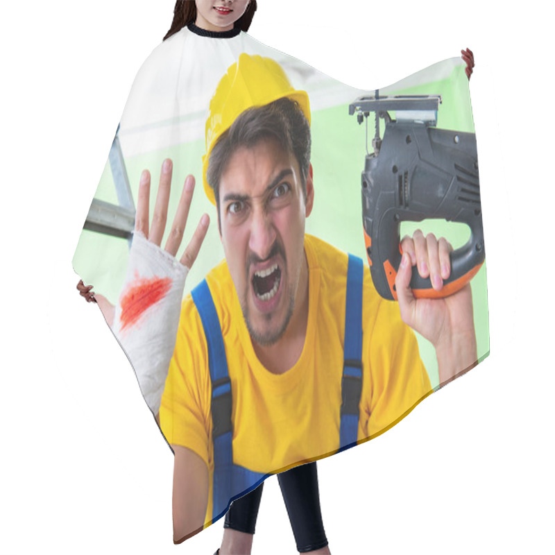 Personality  Injured Worker At The Work Site Hair Cutting Cape