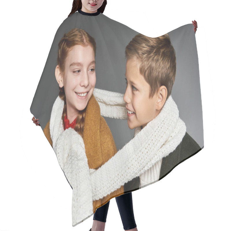 Personality  Two Children Share A Joyful Moment Wearing Warm Winter Clothes With Playful Expressions. Hair Cutting Cape