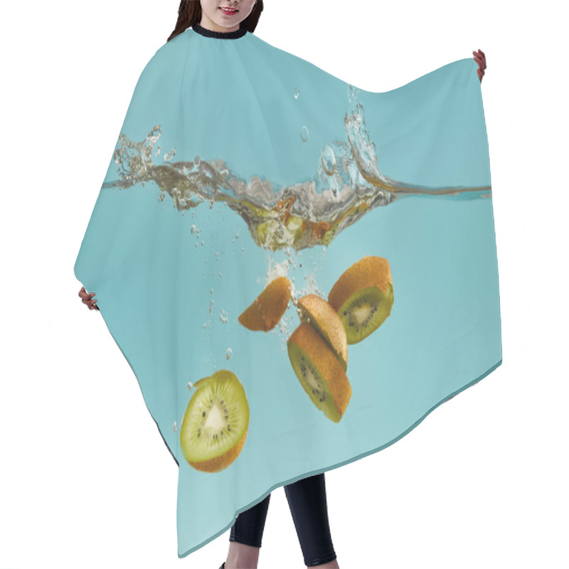 Personality  Kiwi Slices Falling Deep In Water With Splash On Blue Background Hair Cutting Cape