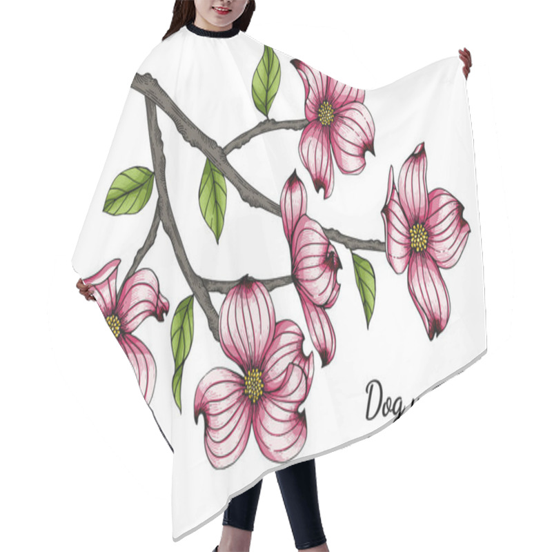 Personality  Pink Dogwood Flower And Leaf Drawing Illustration With Line Art On White Backgrounds. Hair Cutting Cape