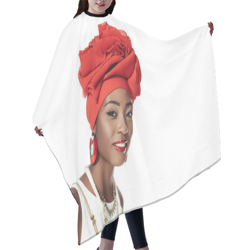 Personality  Young African American Woman In Wire Head Wrap Isolated On White Hair Cutting Cape