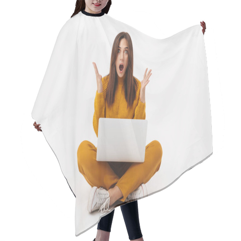 Personality  Image Of Beautiful Brunette Adult Woman Screaming And Holding Laptop Computer While Sitting With Legs Crossed Isolated Over White Background Hair Cutting Cape