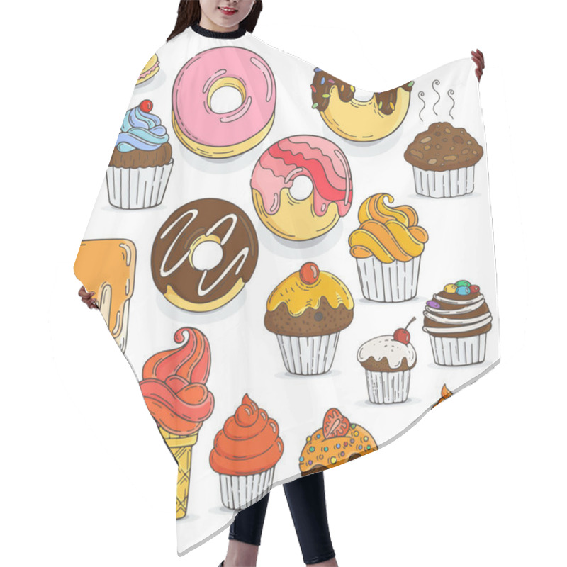 Personality  Set Of Candy And Muffins Icons. Cakes, Sweets, Lollipops, Bows. Hair Cutting Cape