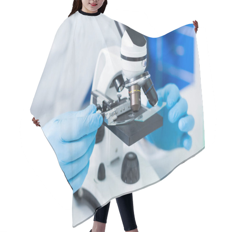 Personality  Scientific Equipment. Selective Focus Of Microscope Being In Use While Studying The Test Samples Hair Cutting Cape