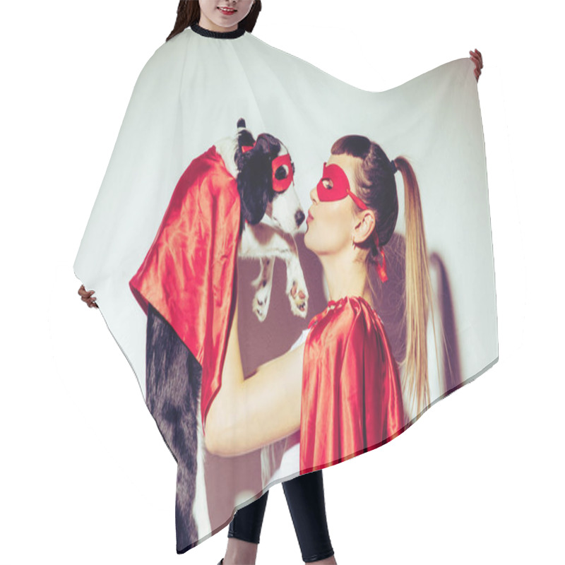 Personality  Side View Of Woman Kissing Puppy In Superhero Costume Hair Cutting Cape