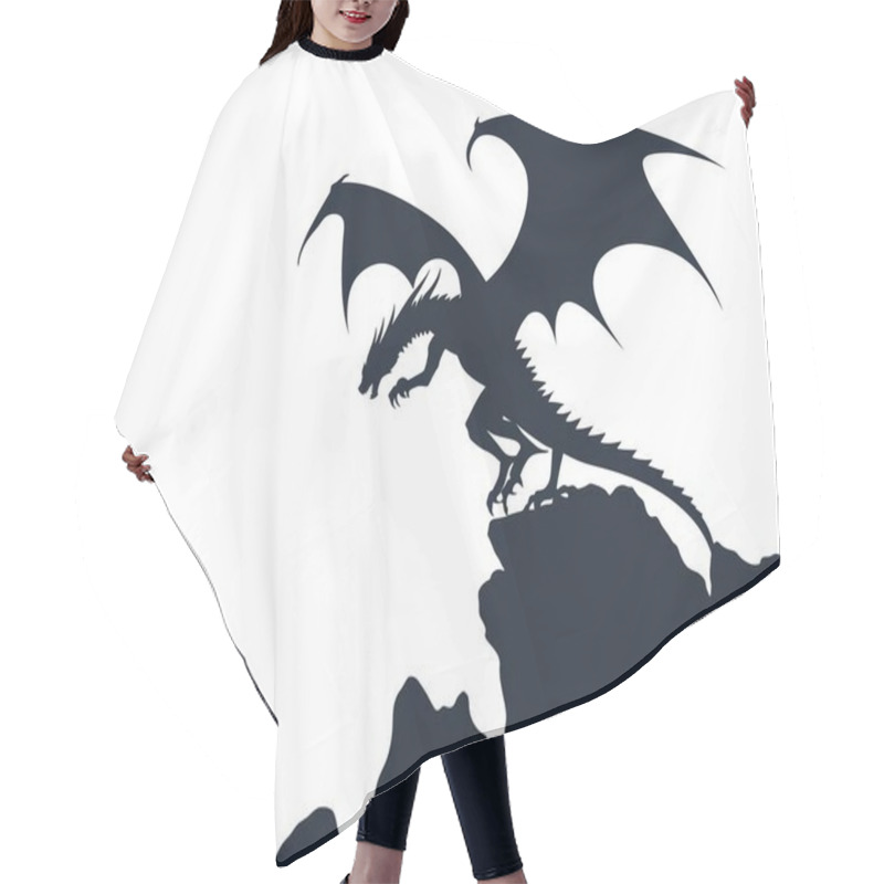 Personality  Majestic Black Dragon Silhouette Perched On A Rocky Outcrop, Wings Spread In A Dynamic Pose. Hair Cutting Cape