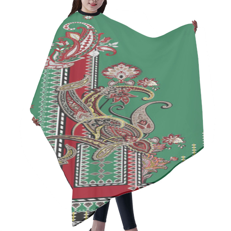 Personality  It's A Unique Digital Traditional Geometric Ethnic Border, Floral Leaves Baroque Pattern And Mughal Art Elements, Abstract Texture Motif, And Vintage Ornament Artwork Combination For Textile Printing. Hair Cutting Cape