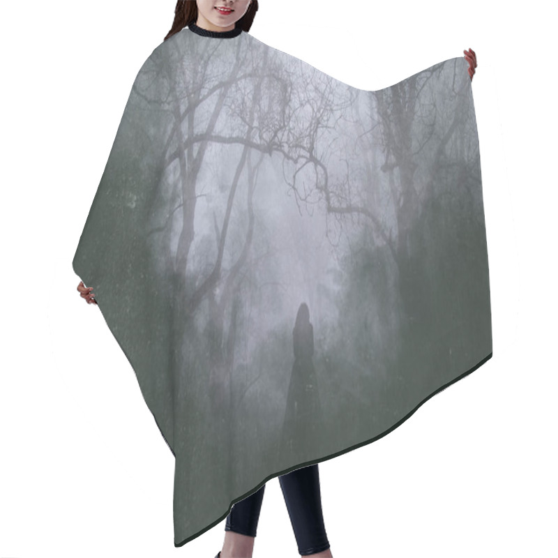 Personality  A Spooky Silhouette Of A Woman Standing On A Path In A Forest. With A Blurred, Vintage Abstract Edit Hair Cutting Cape