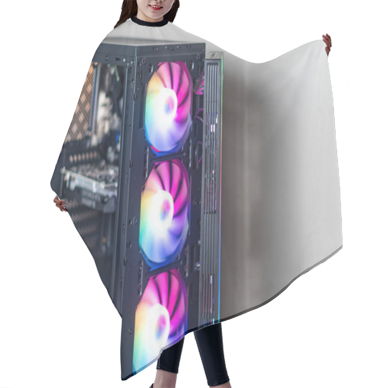 Personality  A Modern Computer Case With RGB Fans, Showcasing A Sleek Design. The Case Is Partially Open, Revealing Internal Components Like A Motherboard And Cooling System. The Colo Hair Cutting Cape