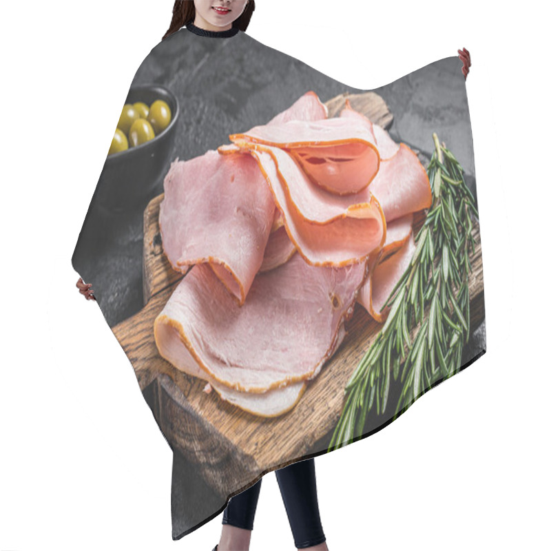 Personality  Pork Ham Slices On Cutting Board, Italian Prosciutto Cotto. Black Background. Top View Hair Cutting Cape