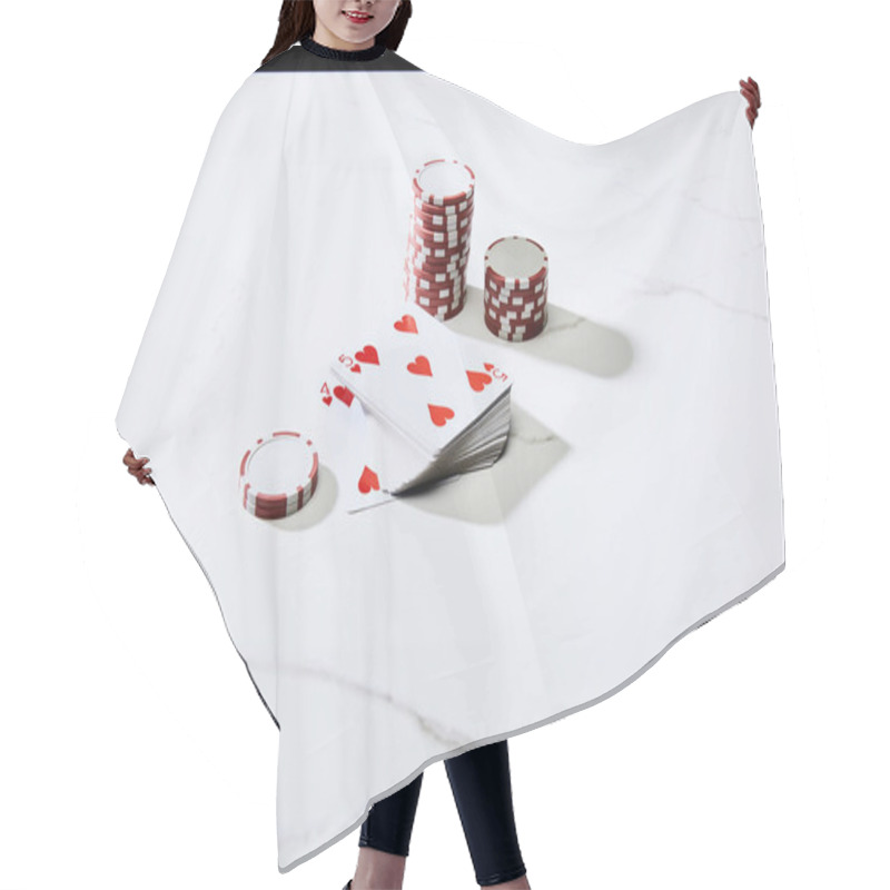 Personality  High Angle View Of Casino Chips With Deck Of Cards On White Surface Isolated On Black Hair Cutting Cape