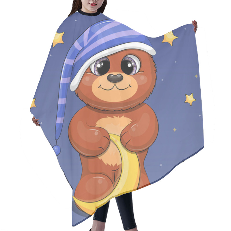 Personality  Cute Cartoon Brown Bear In A Nightcap Is Holding The Moon. Night Vector Illustration Of An Animal On A Dark Blue Background With Stars. Hair Cutting Cape