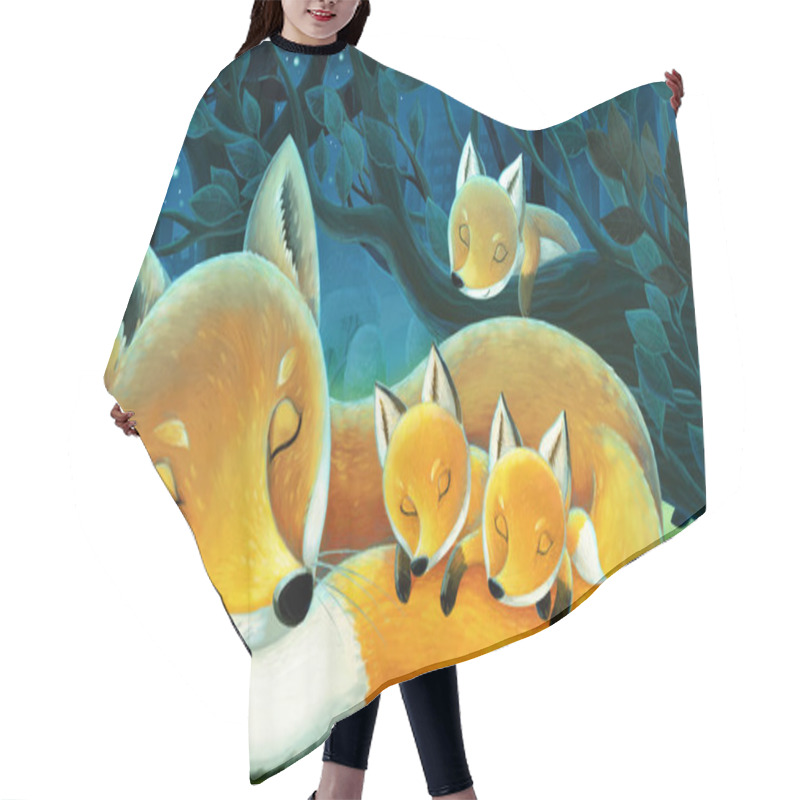 Personality  Cartoon Scene With Animals Family Of Foxes In The Forest Sleeping By Night Illustration For Children Hair Cutting Cape