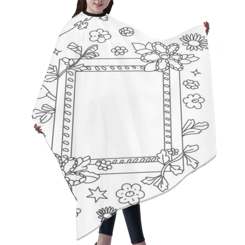 Personality  Illustration Of Floral Frame With Doodle Flowers And Stars. Hair Cutting Cape