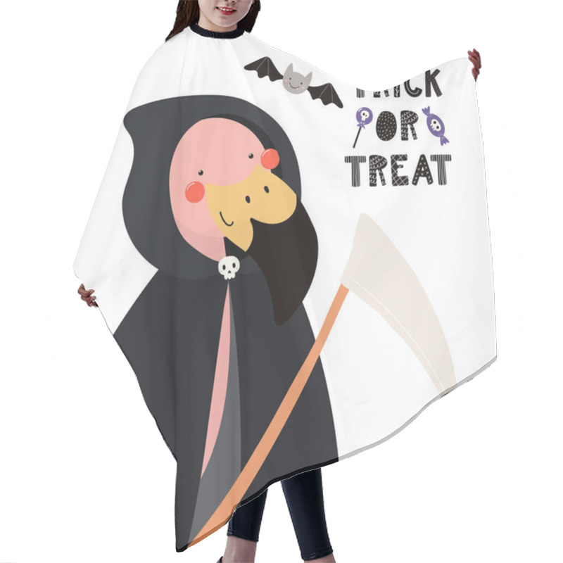 Personality  Hand Drawn Vector Illustration Of A Cute Funny Flamingo In A Death Halloween Costume With Text Trick Or Treat  In Scandinavian Style Flat Design, Concept Children Print And Party Invitation Hair Cutting Cape