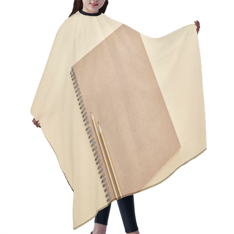 Personality  Top View Of  Paper Blank Notebook With Pencils On Beige Background Hair Cutting Cape