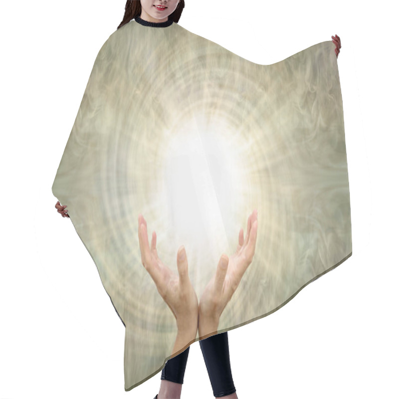 Personality  Sensing Powerful Golden Vortex Healing Energy - Female Cupped Hands Bathed In White Spiraling Light Against A Bronze Gold Wispy Energy Field With Copy Space                                Hair Cutting Cape