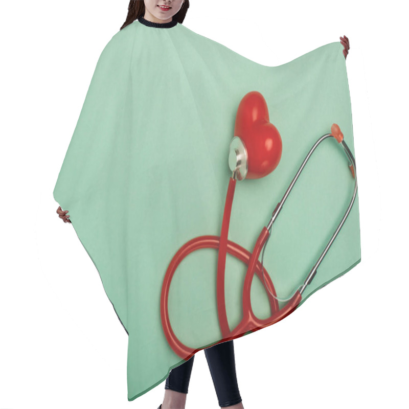 Personality  Top View Of Red Stethoscope Connected With Decorative Heart On Green Background, World Health Day Concept Hair Cutting Cape