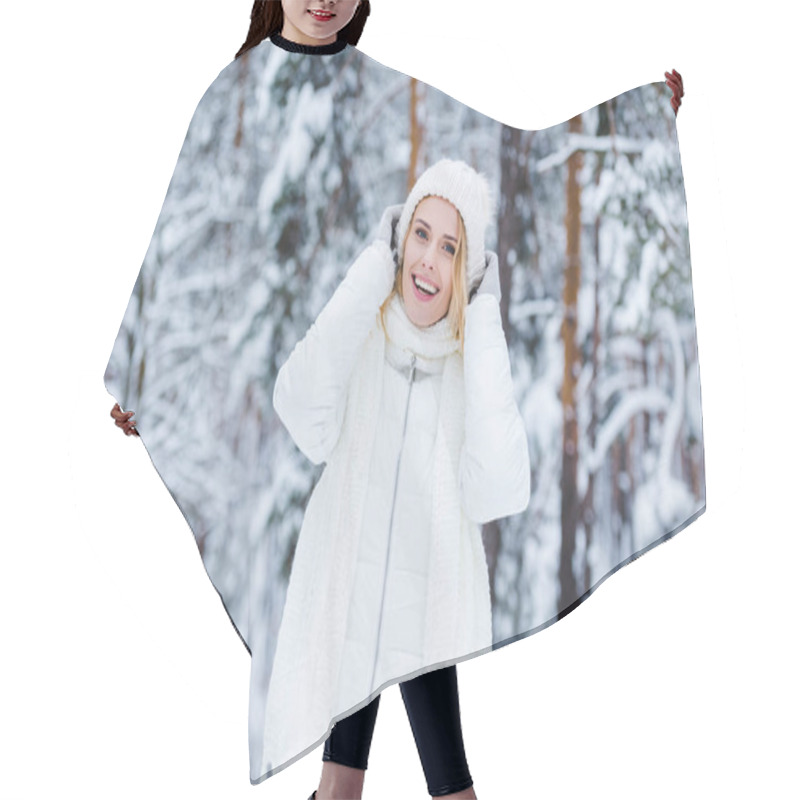 Personality  Portrait Of Beautiful Happy Woman In Snowy Winter Forest Hair Cutting Cape