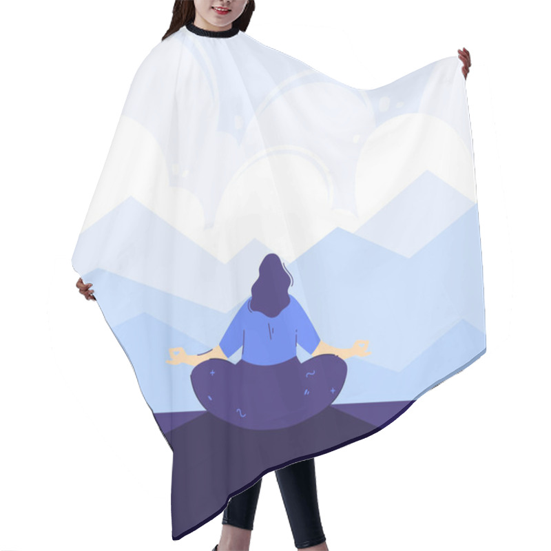 Personality  Yoga Girl In The Front Of Mountains Background. Outdoor Meditation Concept. Lotus Pose - Padmasana. Woman Relax And Chill. Hair Cutting Cape